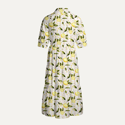 V Neck Collared Lemon Grove Sunshine Print Casual Midi Dress With Pockets