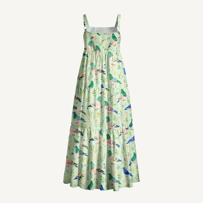 Botanical Wildflowers & Cottage Garden Birds Print Wide Straps Maxi Dress With Pockets