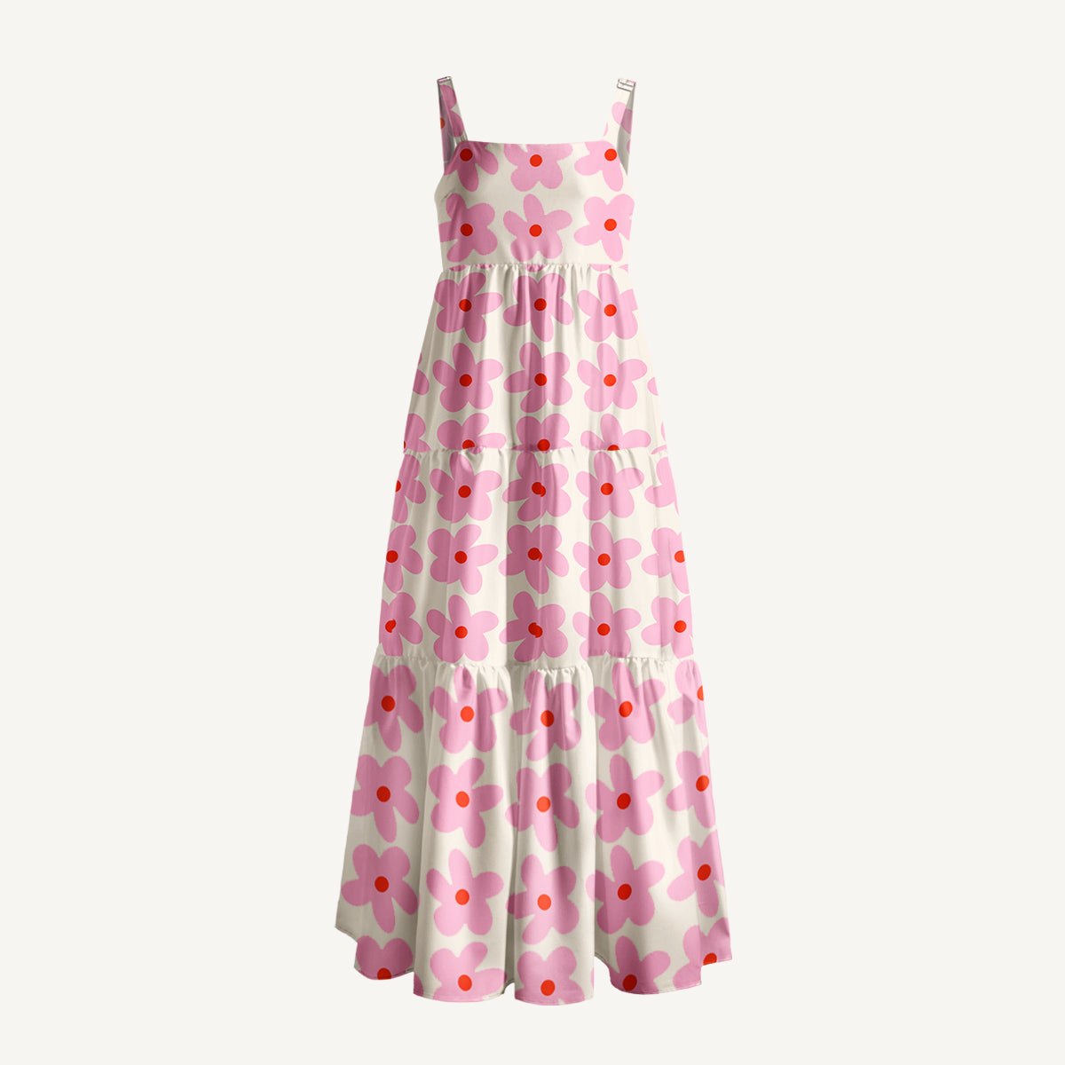 Pink Flower Print Wide Straps Maxi Dress With Pockets