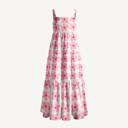 Pink Flower Print Wide Straps Maxi Dress With Pockets