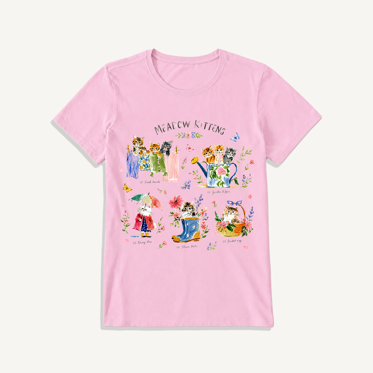 Watercolor Meadow Kittens Guide Print Crew Neck Cotton Tee