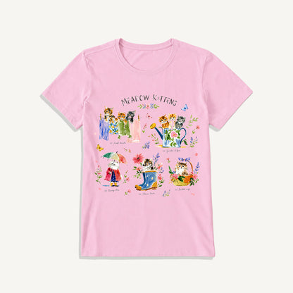 Watercolor Meadow Kittens Guide Print Crew Neck Cotton Tee