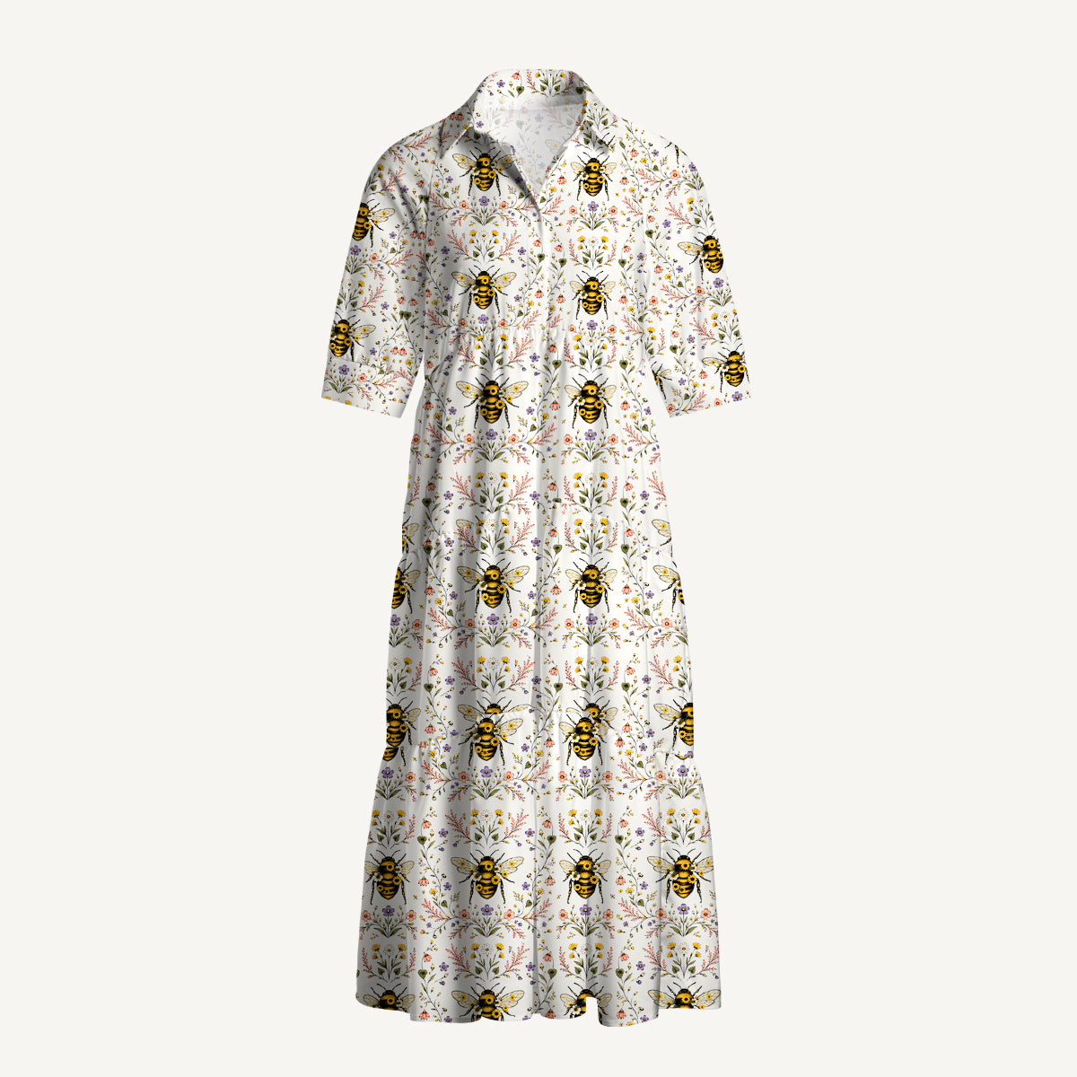 V Neck Collared Bee Floral Print Casual Midi Dress With Pockets