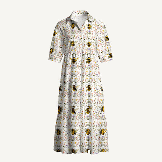 V Neck Collared Bee Floral Print Casual Midi Dress With Pockets