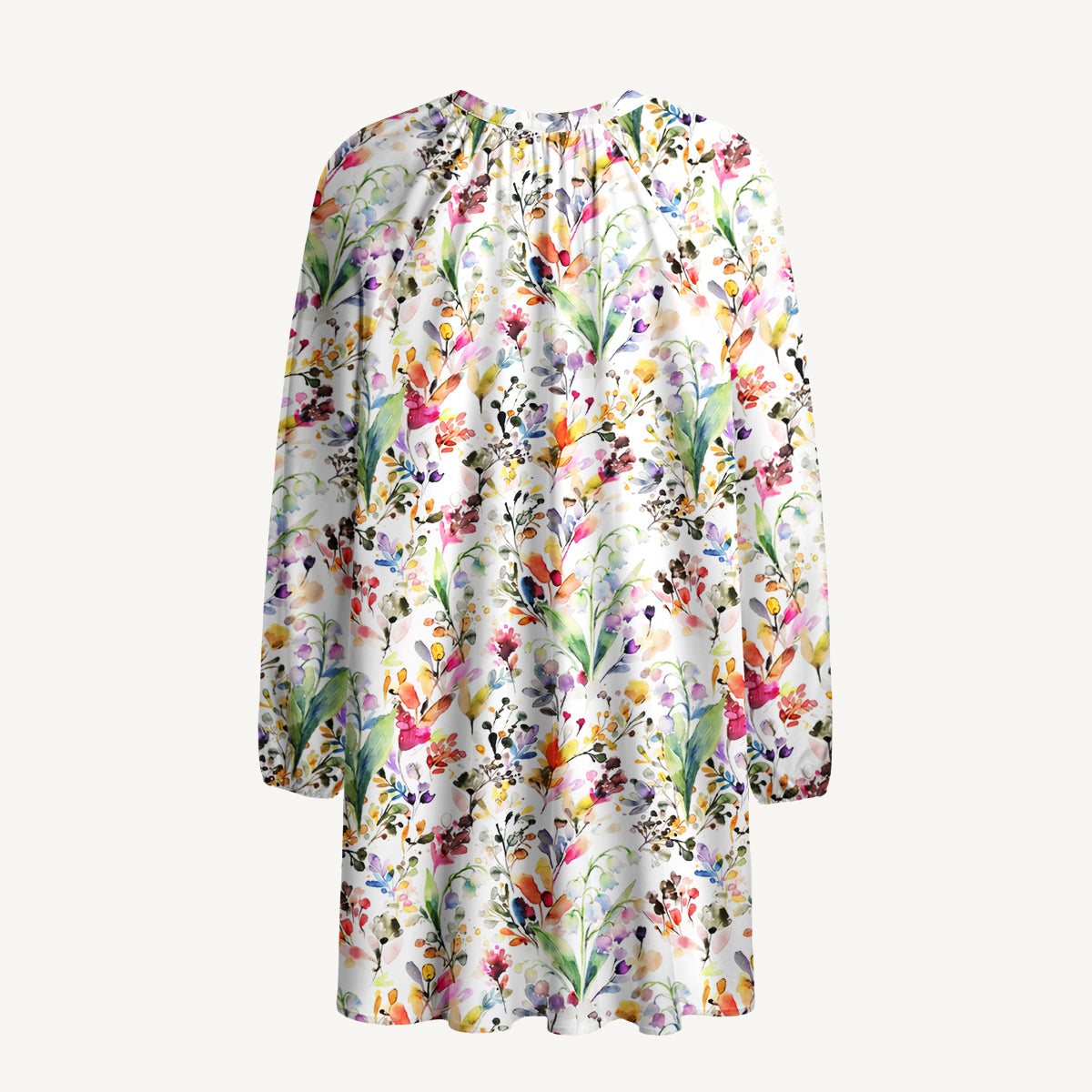 Watercolor Wildflower Garden Print Boho Tie‑Neck Smock Mini Dress