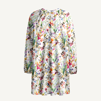 Watercolor Wildflower Garden Print Boho Tie‑Neck Smock Mini Dress