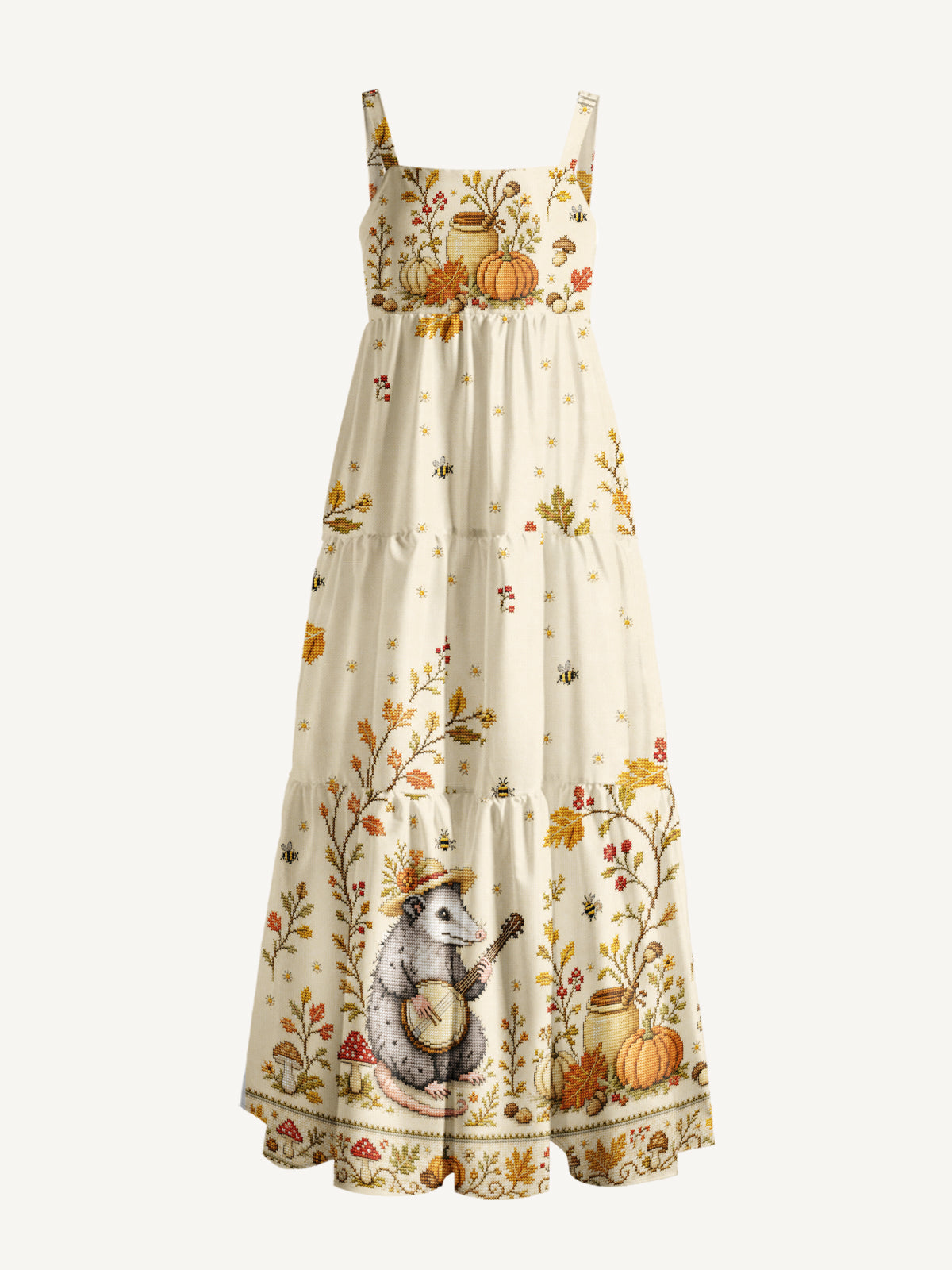 Autumn Possum Banjo Print Wide Straps Maxi Dress With Pockets