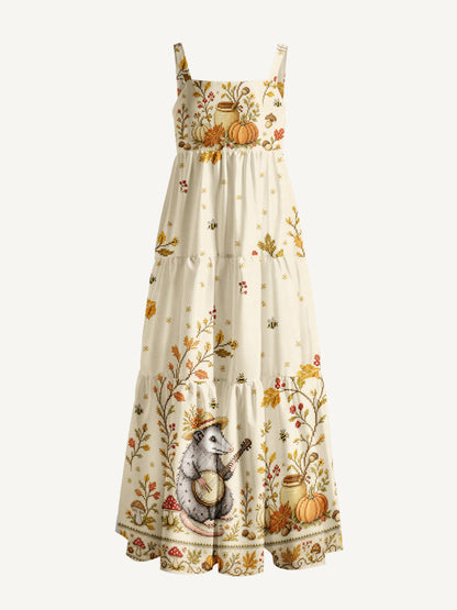 Autumn Possum Banjo Print Wide Straps Maxi Dress With Pockets