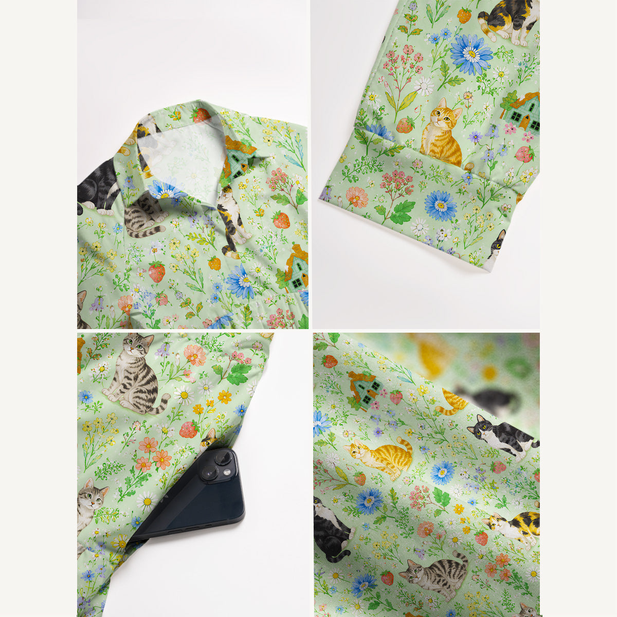 V Neck Collared Floral Cats Parade Print Casual Midi Dress With Pockets