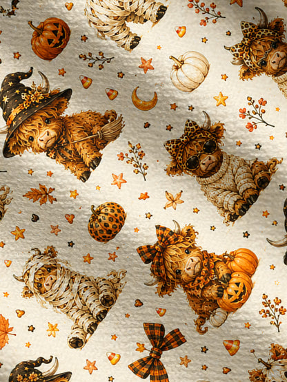 Lightweight Crew Neck Long‑Sleeve Cropped Spooky Highland Cows Print Fine‑Knit Cardigan