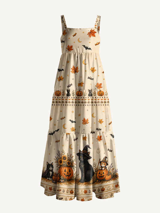 Spooky Cat & Pumpkin Print Wide Straps Maxi Dress With Pockets