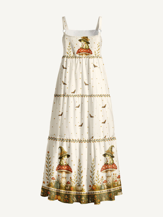 Fairy Tale Mushroom Little Frog Witch Garden Print Wide Straps Maxi Dress With Pockets
