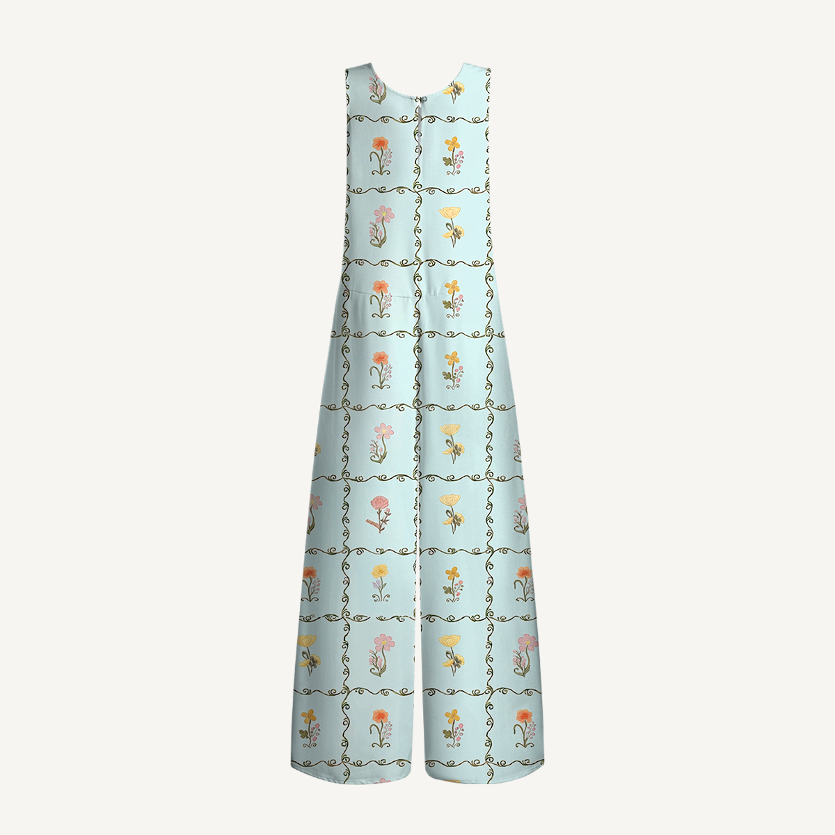 V-Neck Sunny Garden Tiles Boho Jumpsuit with Pockets for Women