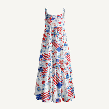 Americana Flower Hearts  Print Wide Straps Maxi Dress With Pockets