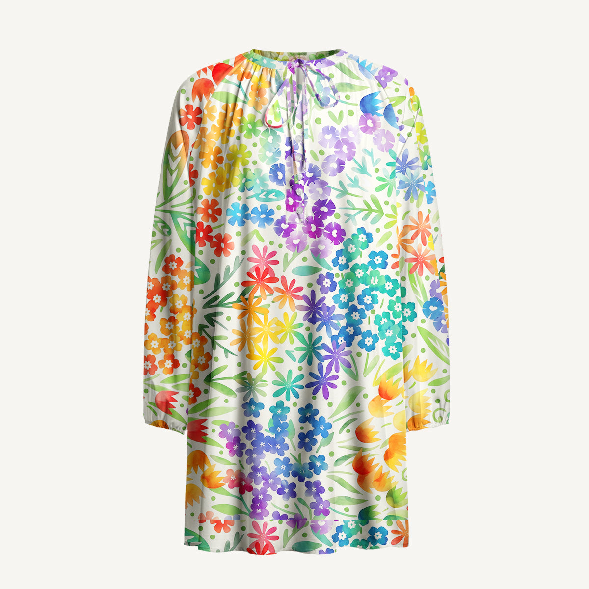 Fun Rainbow Print Boho Tie‑Neck Smock Mini Dress