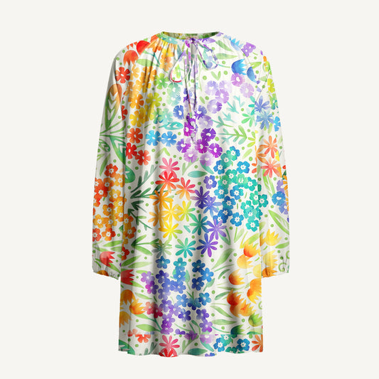 Fun Rainbow Print Boho Tie‑Neck Smock Mini Dress