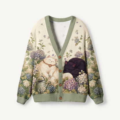 Hydrangea Garden Napping Cats Print Ugly Cardigan Sweaters