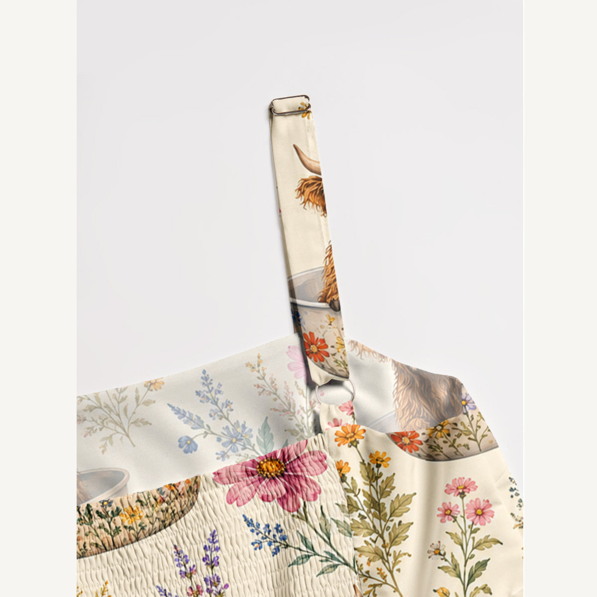 Highland Cow Teacup Floral Print Wide Straps Maxi Dress With Pockets