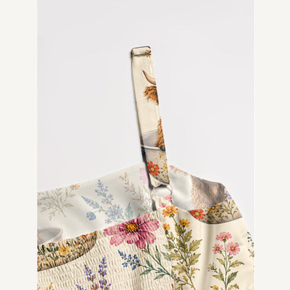Highland Cow Teacup Floral Print Wide Straps Maxi Dress With Pockets