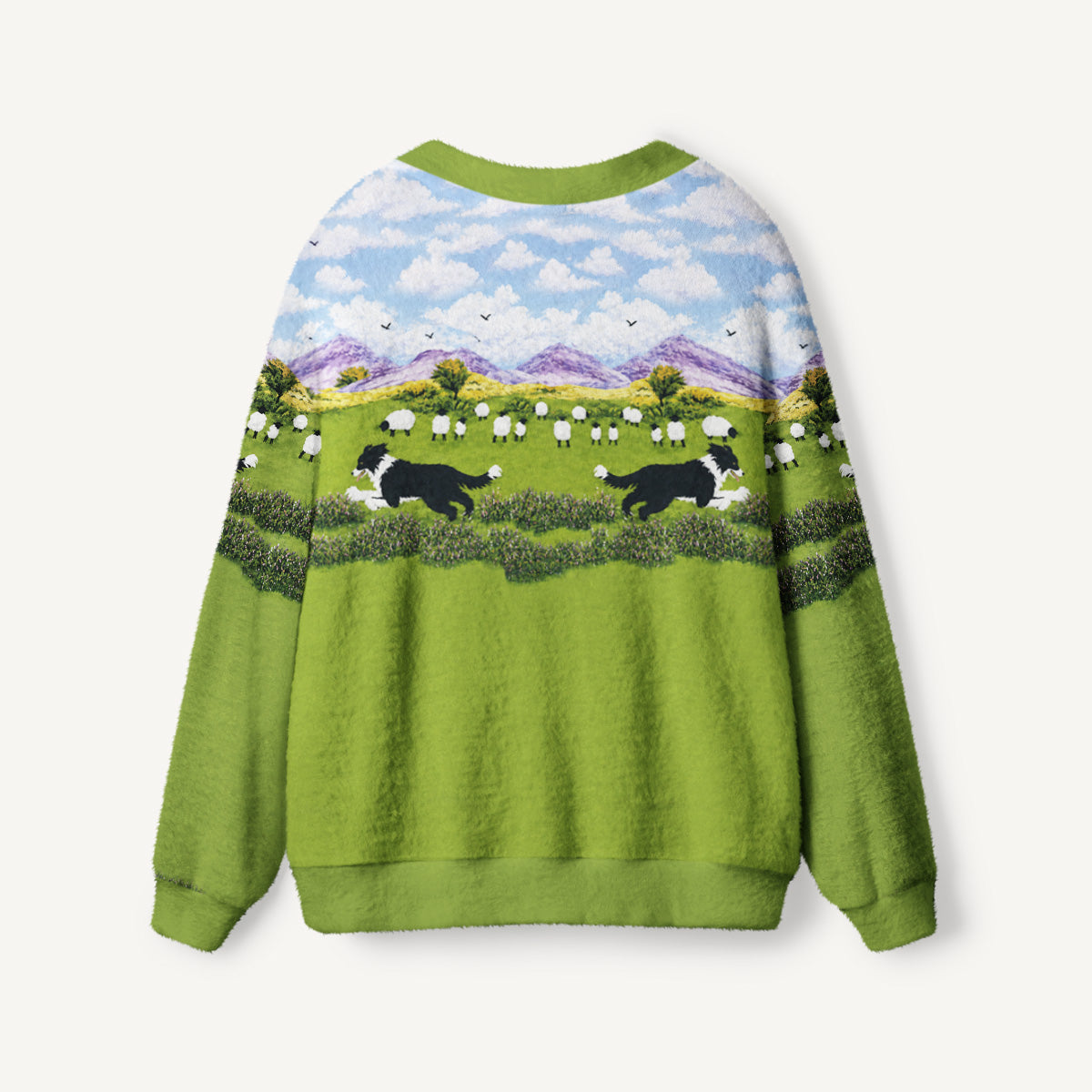 Green Meadow Sheepdog Print Ugly Cardigan Sweaters