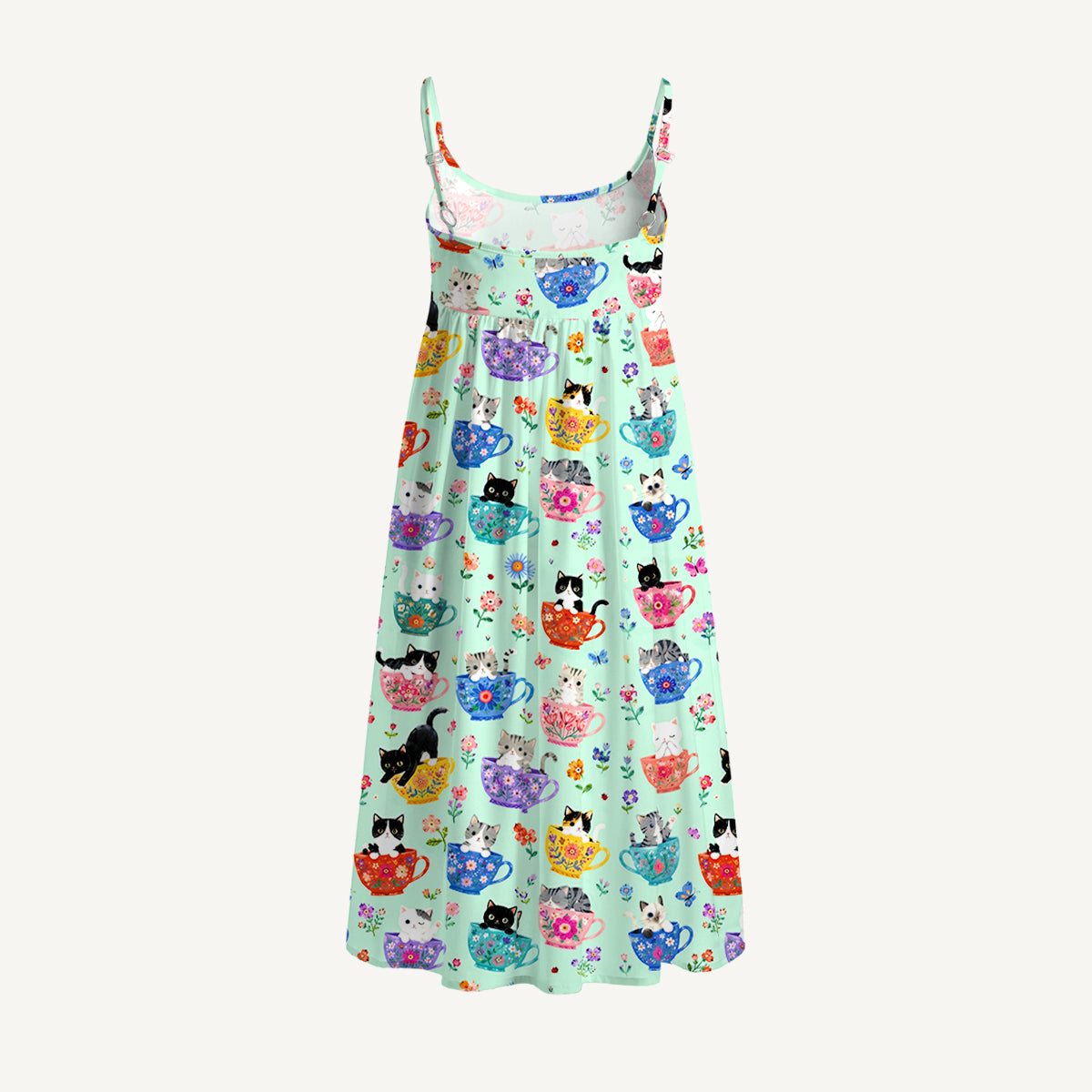 Cute Teacup Kitten Print Spaghetti Strap Mini Dress