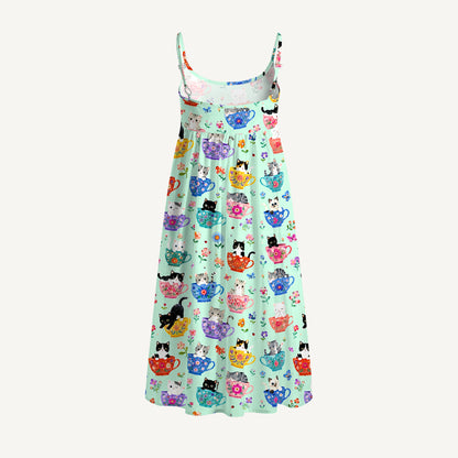Cute Teacup Kitten Print Spaghetti Strap Mini Dress