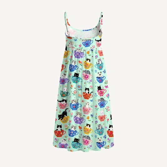 Cute Teacup Kitten Print Spaghetti Strap Mini Dress