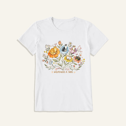 Wildflowers And Purrs Bloom Print Crew Neck Cotton Tee