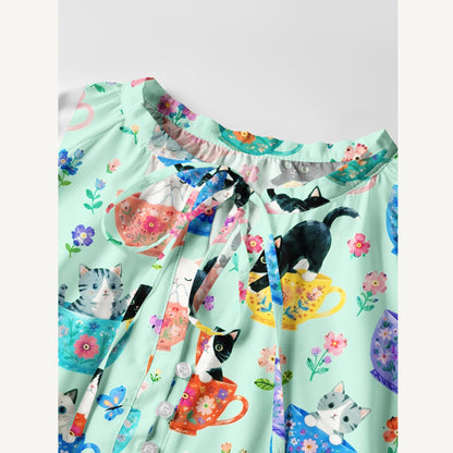 Cute Teacup Kitten Print Boho Tie‑Neck Smock Mini Dress