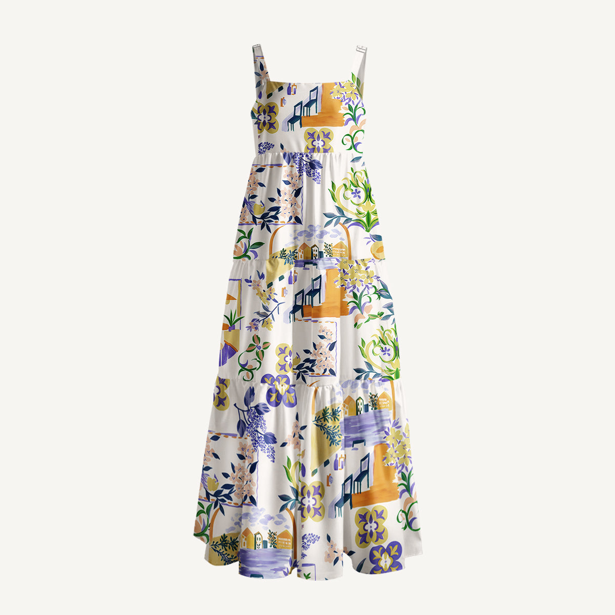 Riverside Garden Terrace Print Wide Straps Maxi Dress With Pockets