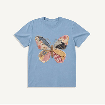 Quilt Patch Butterfly Print Crew Neck Cotton Tee