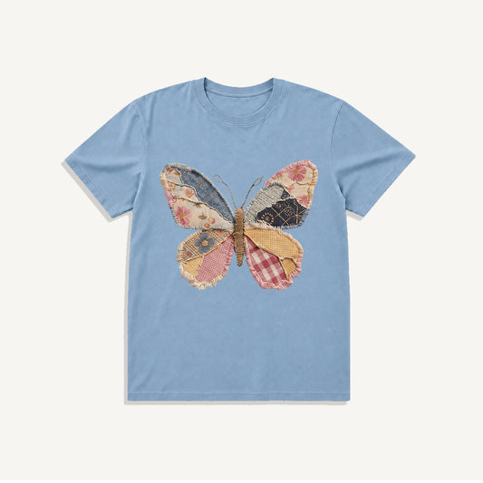 Quilt Patch Butterfly Print Crew Neck Cotton Tee