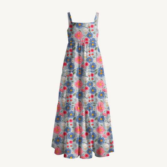 Cottagecore Duck and Wildflower Print Wide Straps Maxi Dress With Pockets