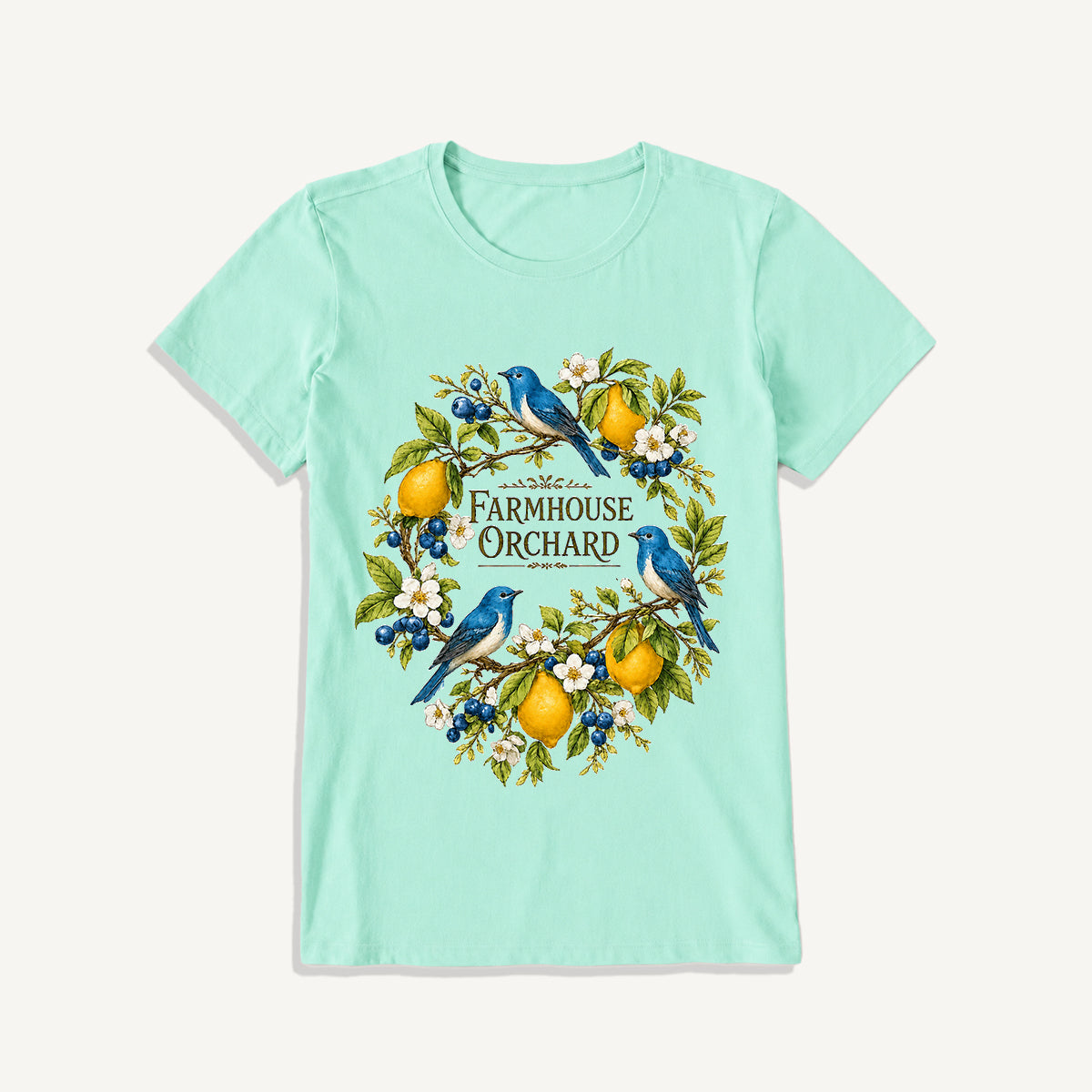 Farmhouse Orchard Bluebirds Print Crew Neck Cotton Tee