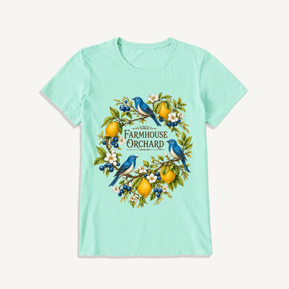 Farmhouse Orchard Bluebirds Print Crew Neck Cotton Tee