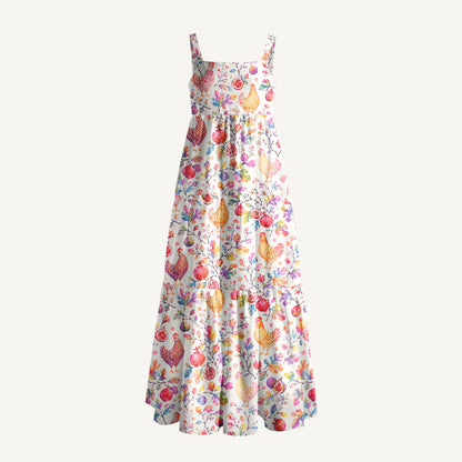 Pomegranate Hen Garden Print Wide Straps Maxi Dress With Pockets