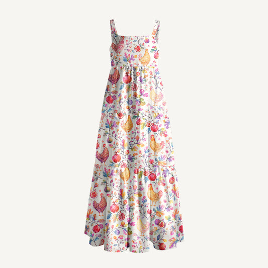 Pomegranate Hen Garden Print Wide Straps Maxi Dress With Pockets