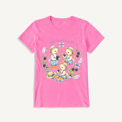 Sweet Berry Ducklings Print Crew Neck Cotton Tee