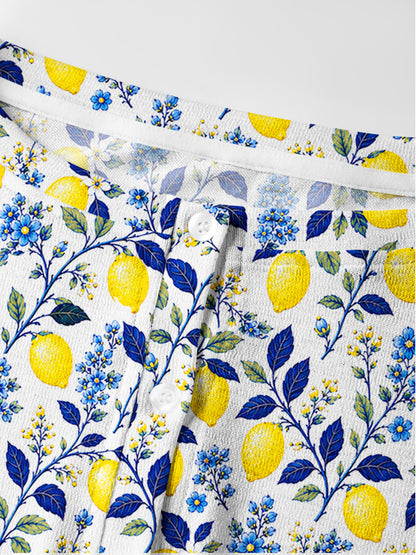 Lightweight Crew Neck Long‑Sleeve Cropped Blue Lemon Floral Print Fine‑Knit Cardigan