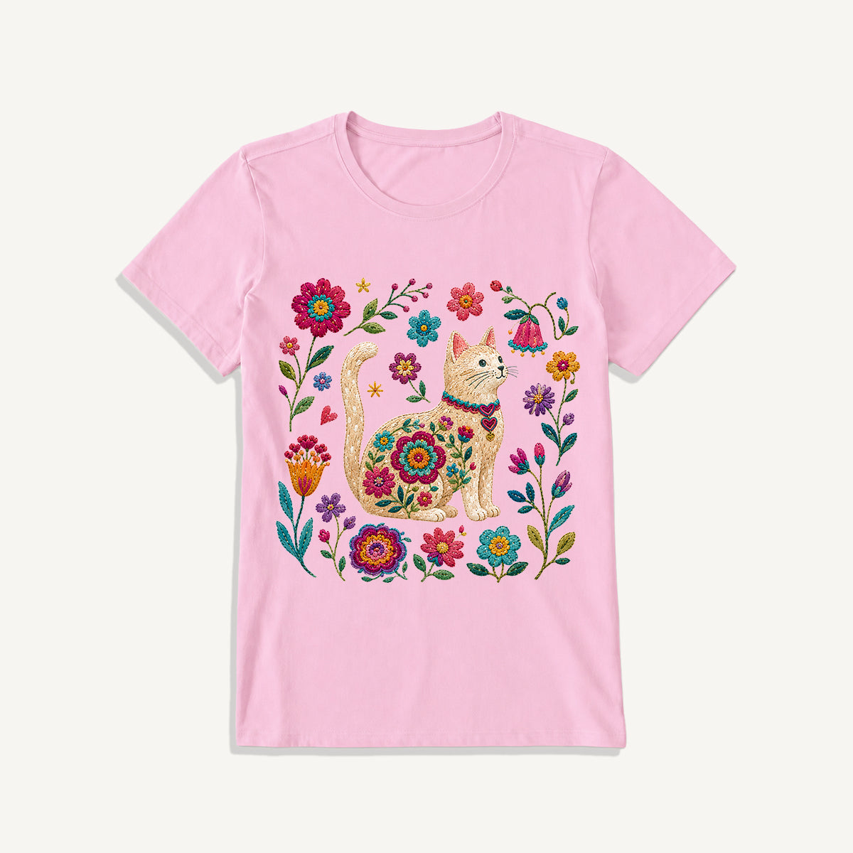 Embroidered Floral Cat Print Crew Neck Cotton Tee