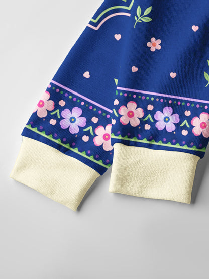 Lightweight Crew Neck Long‑Sleeve Cropped Midnight Garden Lovebirds Print Fine‑Knit Cardigan