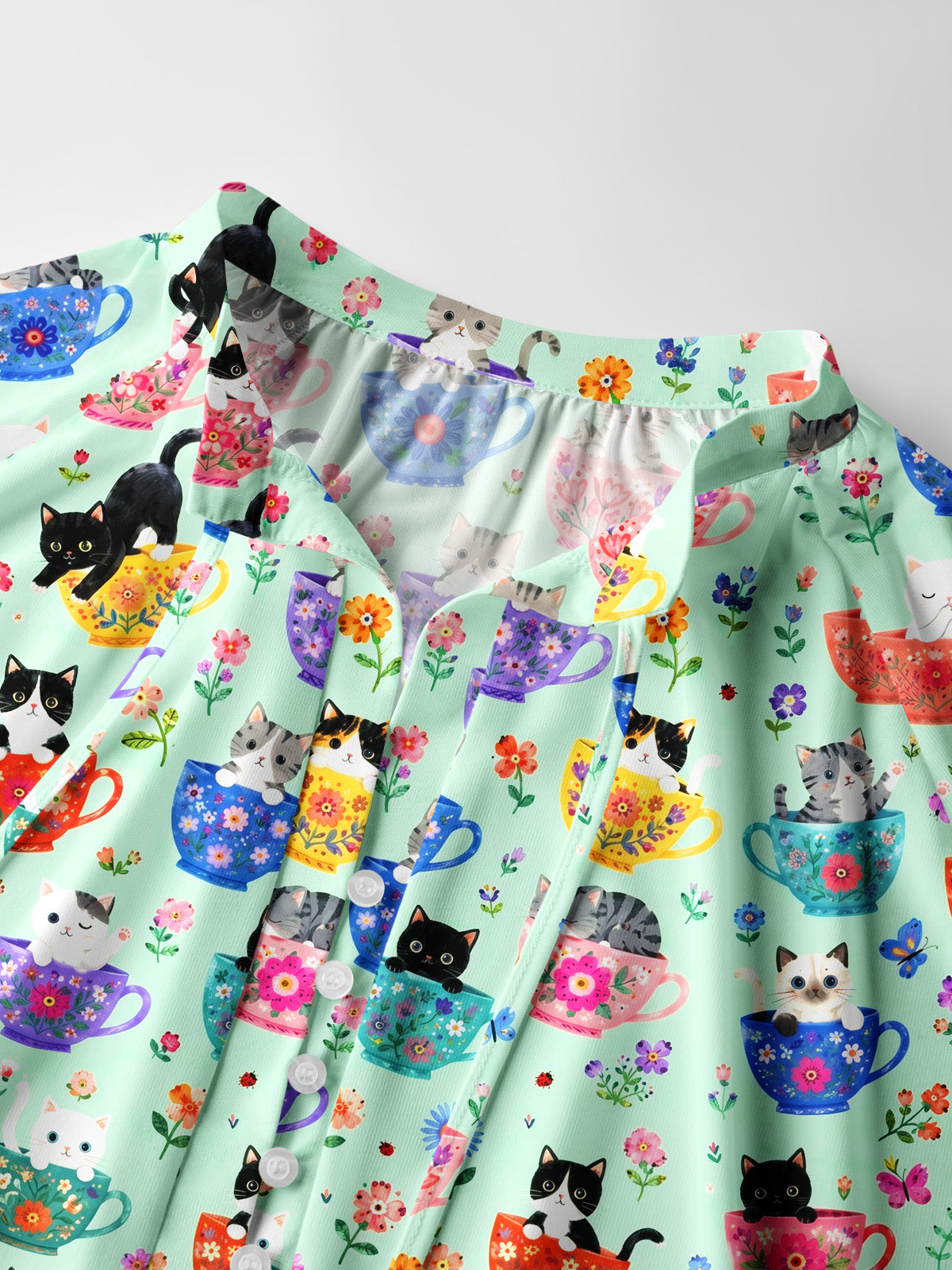 Cute Teacup Kitten Print Boho Long Sleeve Tie‑Neck Blouse