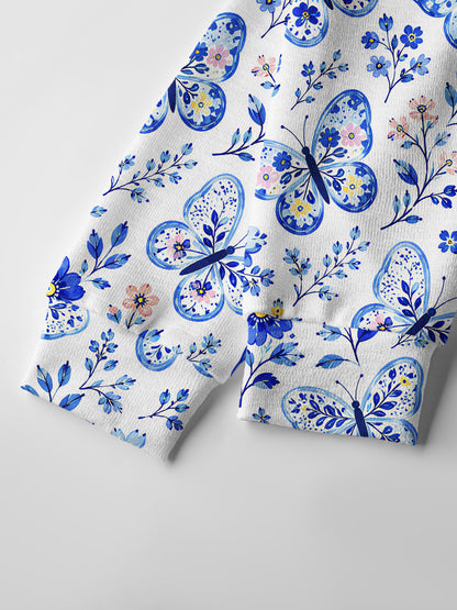 Lightweight Crew Neck Long‑Sleeve Cropped Delft Blue Butterfly Floral Print Fine‑Knit Cardigan