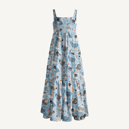 Chickens Blue Print Wide Straps Maxi Dress With Pockets