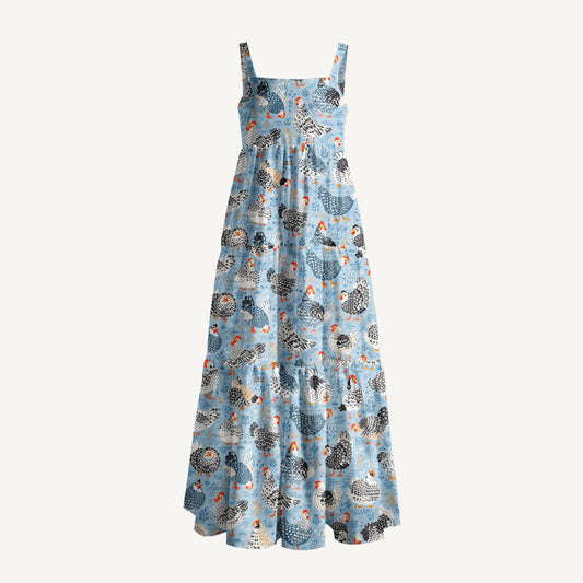 Chickens Blue Print Wide Straps Maxi Dress With Pockets