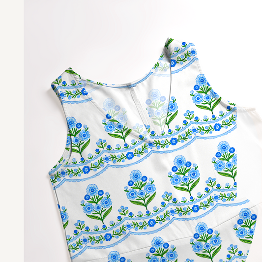 V-Neck Azure Folk Jumpsuit with Pockets for Women