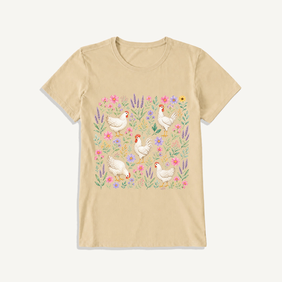 Blooming White Chicken Meadow Print Crew Neck Cotton Tee