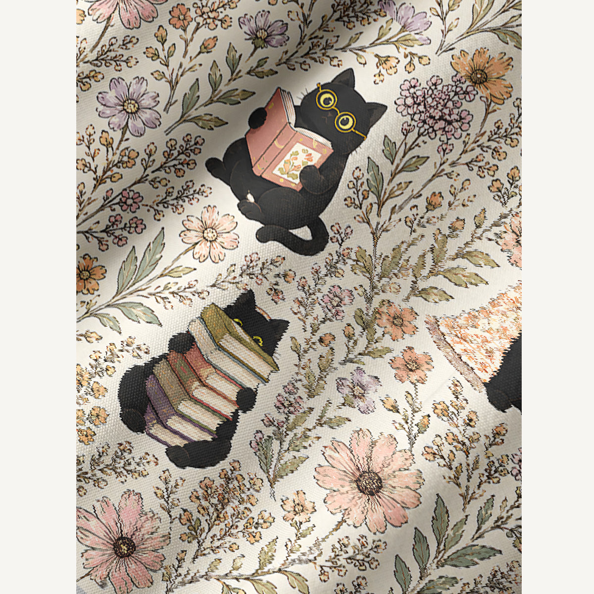 Books Blooms and Black Cats Print Boho Tie‑Neck Smock Mini Dress