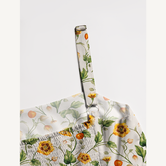 Square Neck Golden Field Print Wide Straps Maxi Dress With Pockets