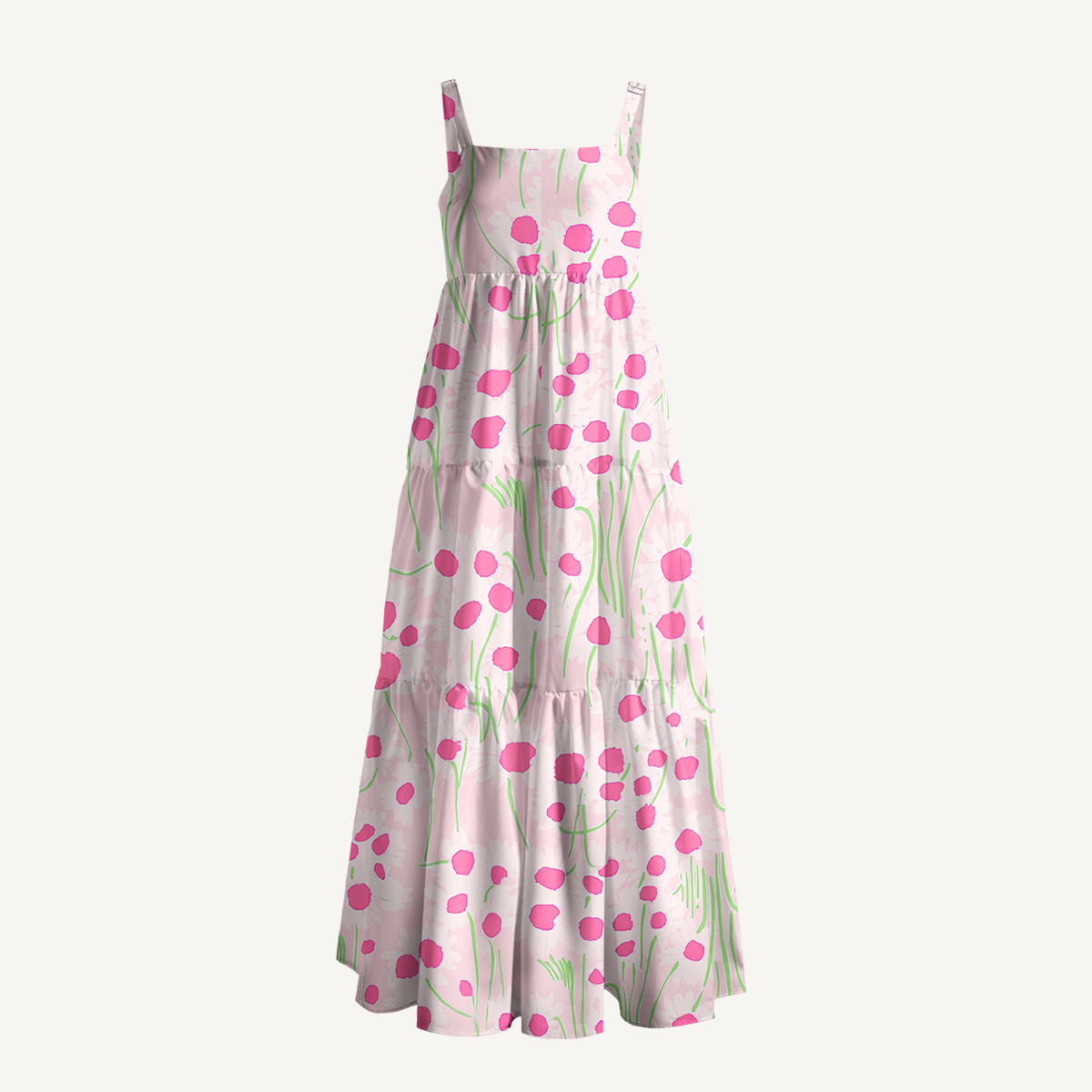 Square Neck Pink Daisy Print Wide Straps Maxi Dress With Pockets